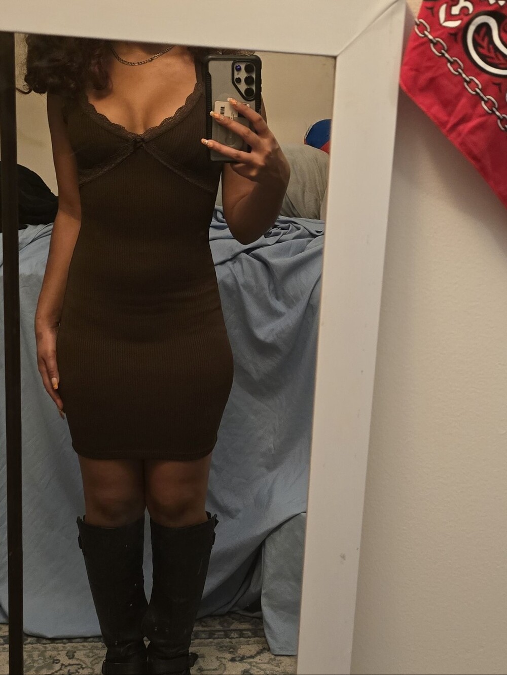 H&M Chocolate Brown Ribbed Lace-Trim Midi Dress
